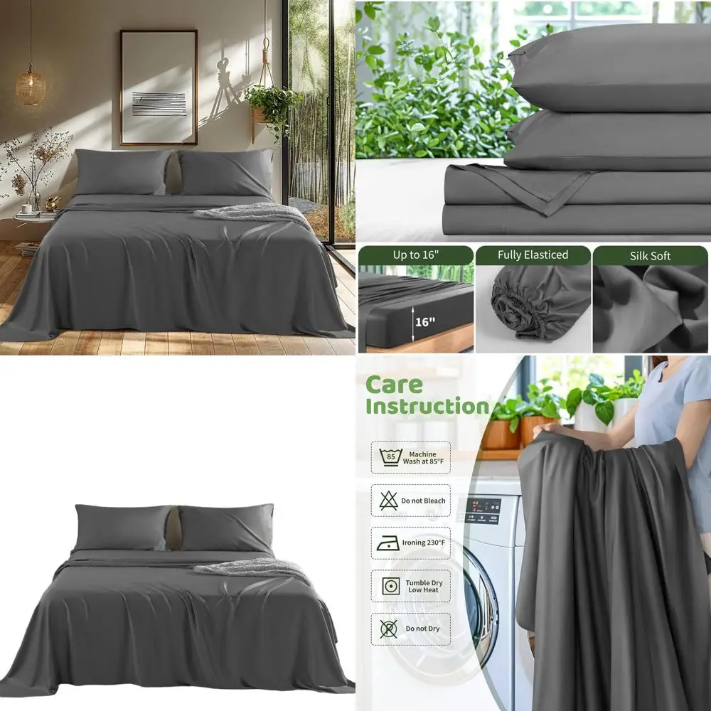 

Комплект постельного белья Queen Size из бамбуковой вискозы, 4 предмета, 1800 нитей, супермягкий, шелковистый, дышащий, охлаждающий, серый