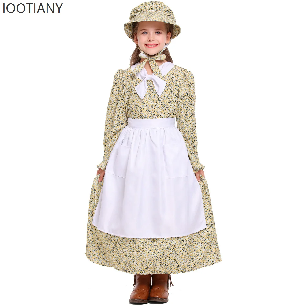 Nowy żółty kwiatowy kostium dla dziewczynek wiktoriański średniowieczny styl duszpasterski sukienka Halloween karnawałowe przyjęcie odgrywanie ról kostium fartuch zestaw