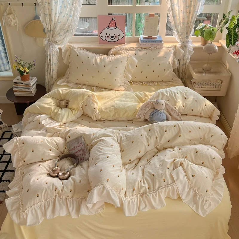 3/4Pcs Korean Princess Style Lace Ruffles Bedding Set Single Queen King Size Duvet Cover Set Bed Sheet Pillowcases