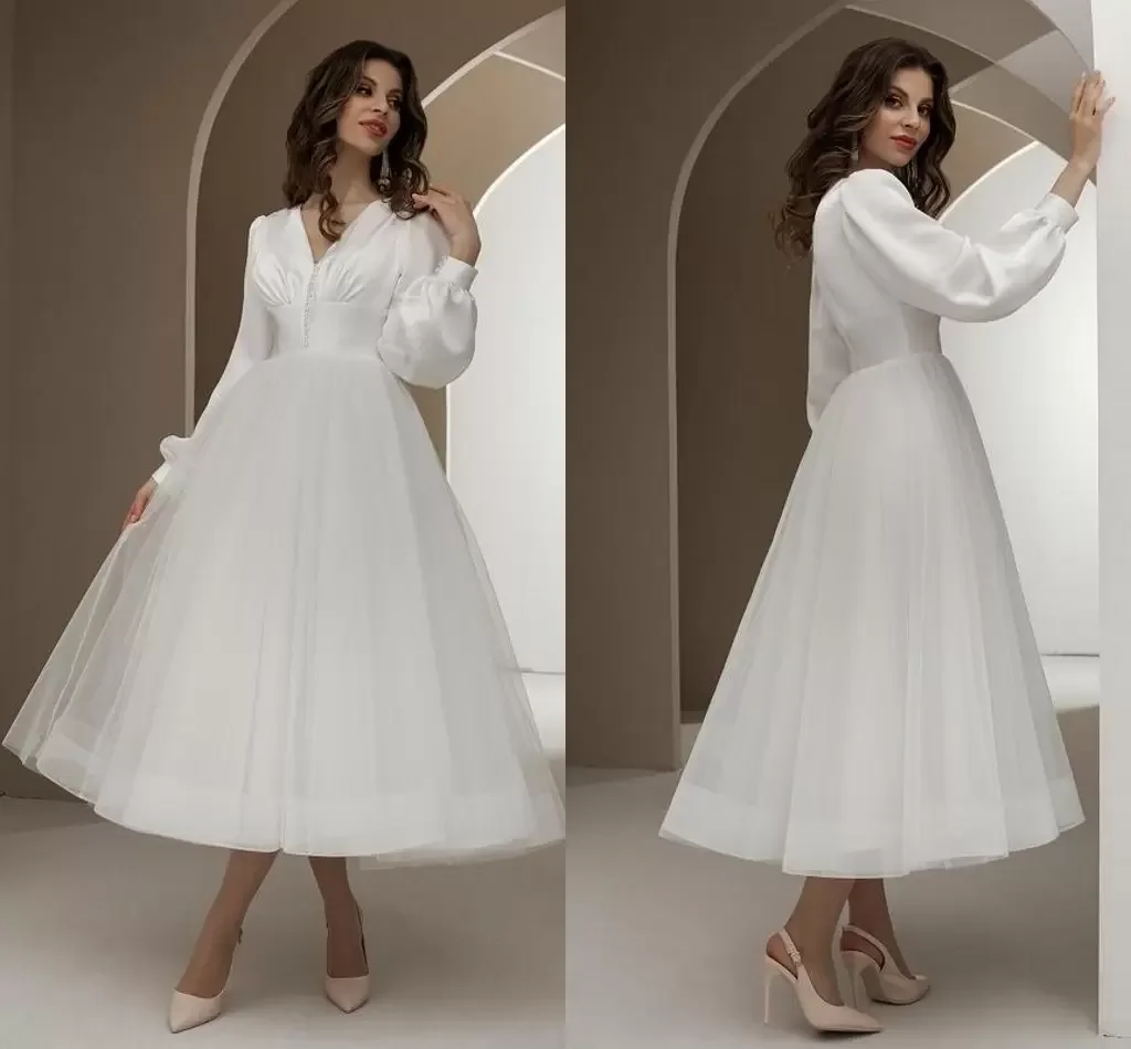 Marfim cetim tule vestidos de dama de honra com decote em v mangas compridas curto chá comprimento a linha vestidos de casamento 2022 vestidos de noiva melhor