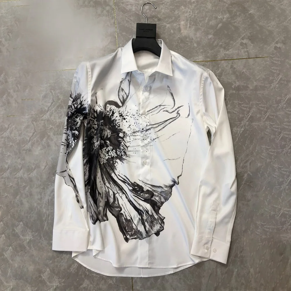 Camisa com estampa de tinta abstrata gráfica masculina, camisa casual de personalidade, moda coreana, streetwear, top jovem, roupas masculinas, 2024