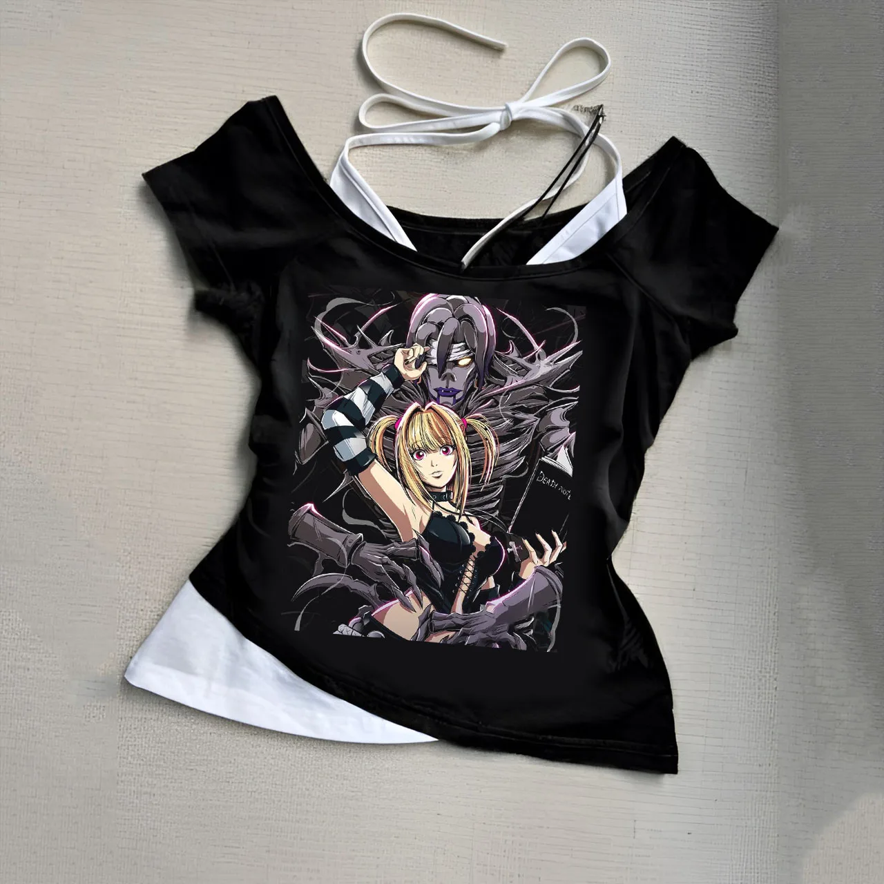 Punk Gothic Sexy Streetwear Slim Baby Tee 2000s Tops Y2k Fake Two Off Shoulder T-Shirts Harajuku Aesthetic Short Sleeve Clothing