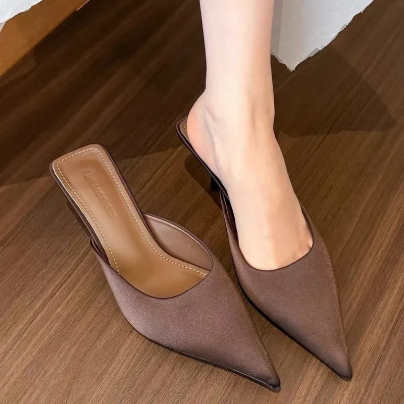 2025 New Summer Concise Pointed Toe Women high heels Slippers Fashion Thin Party Pumps Mules Slide Shoes luxury woman clappers