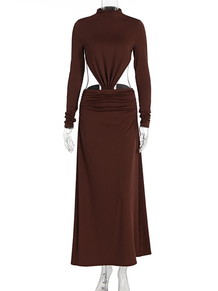 SsTss Abito lungo senza schienale con cut-out Abito da donna sexy con colletto alla coreana a maniche lunghe increspato Abito da sera Autunno 2025 Abbigliamento alla moda