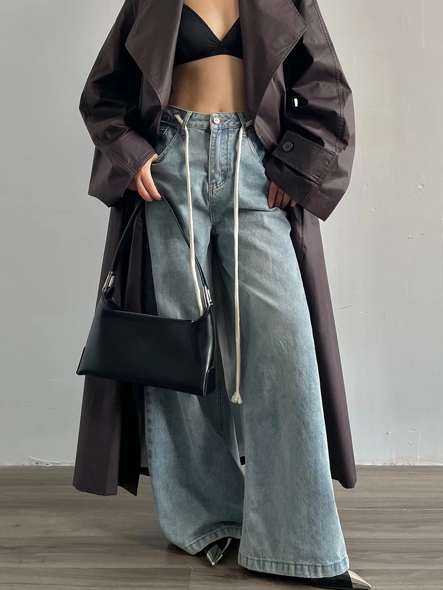 

Женские синие джинсы с высокой талией и широкими штанинами, осенние, винтажные, утягивающие, AcupStudio Jiangyou, с узлом спереди, прямого кроя