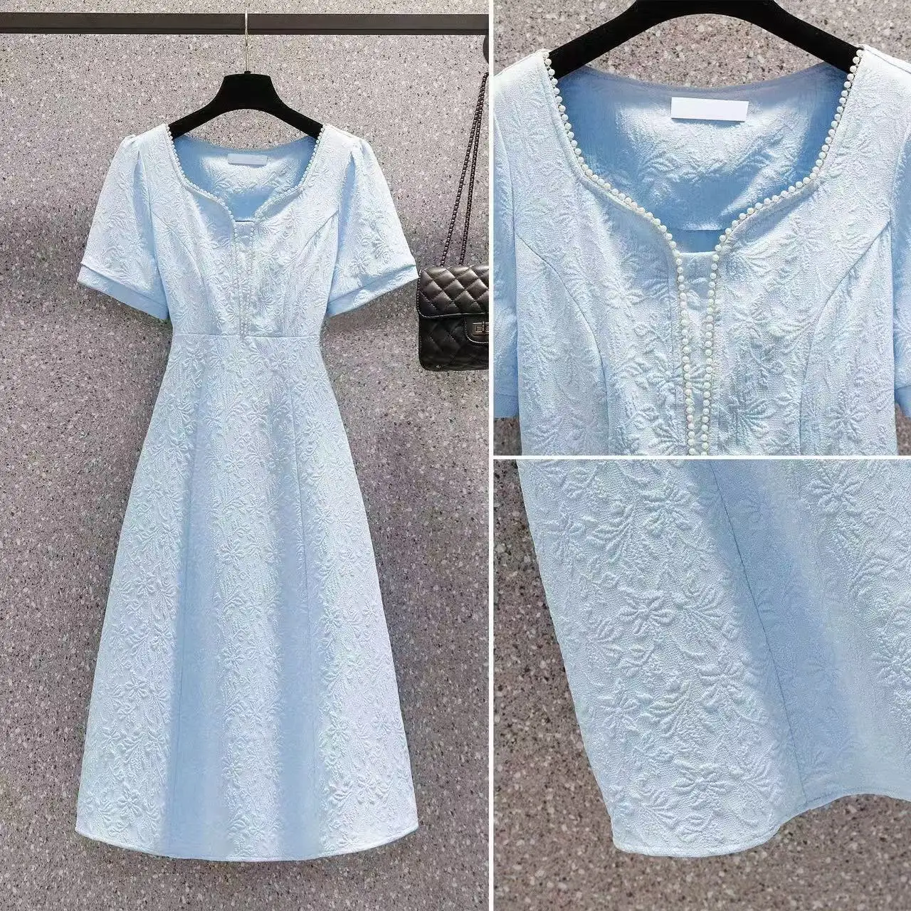 Nowa Sukienka Damska z Żakardowego Szyfonu w Temperamentnym Stylu, Letnia Moda, Kwadratowy Dekolt, Krótki Rękaw, Dopasowana Sukienka Midi, Słodka Sukienka Biurowa