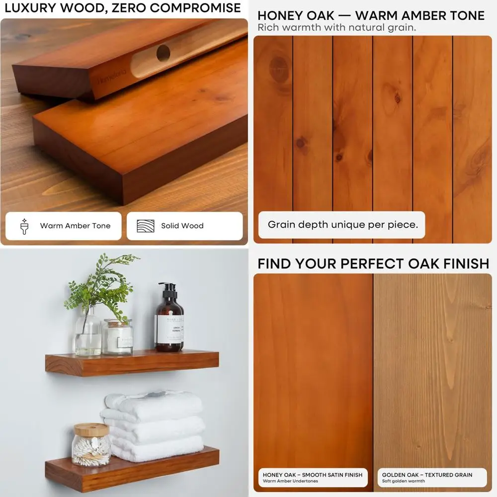 

Set of 3 High-End Oak Floating Shelves, 18 Long, Honey Oak Finish, Wall-Mounted, 18x6.5x1.75