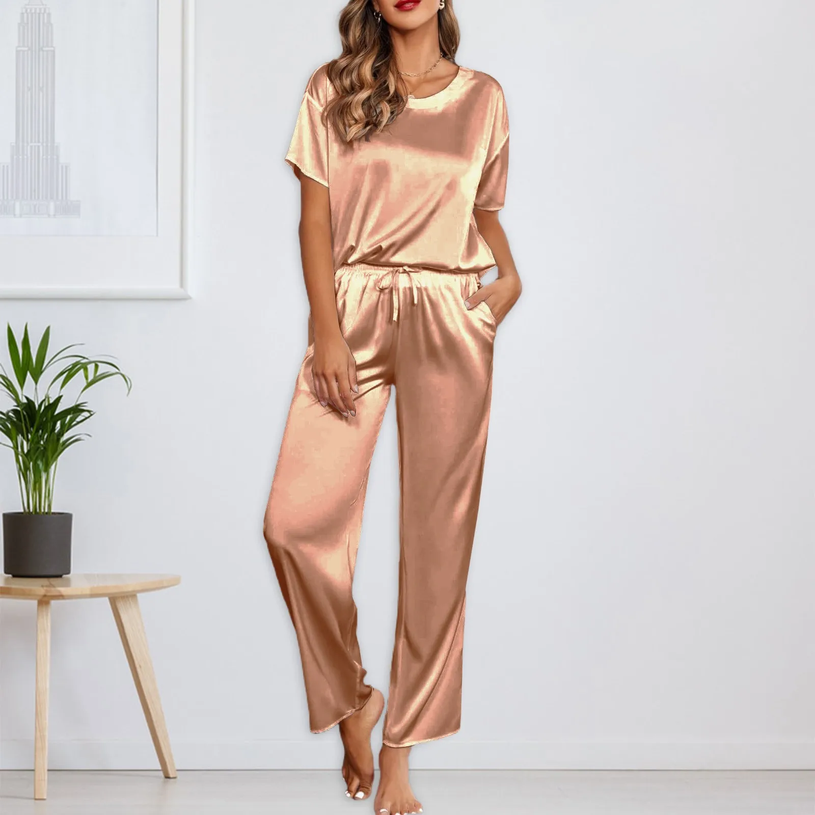 Sexy Satin Silk Solid Women Pajamas Elegant Round Neck Top Pants Set Casual Female Sleepwear Spring Autumn House Clothes