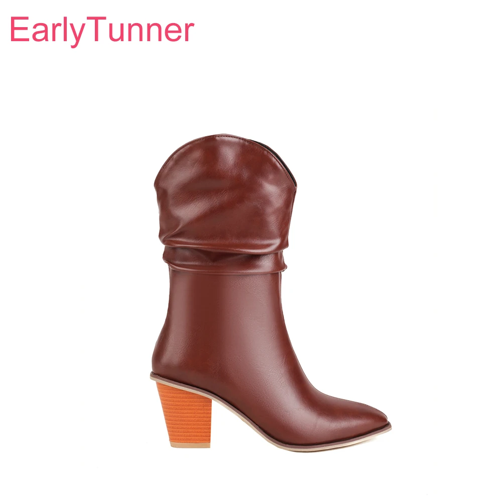 

2025 Winter New Glamour Brown Beige Women Mid Calf Boots Pointed Toe High Heel Lady Shoes Plus Small Big Size 11 30 43 46 48