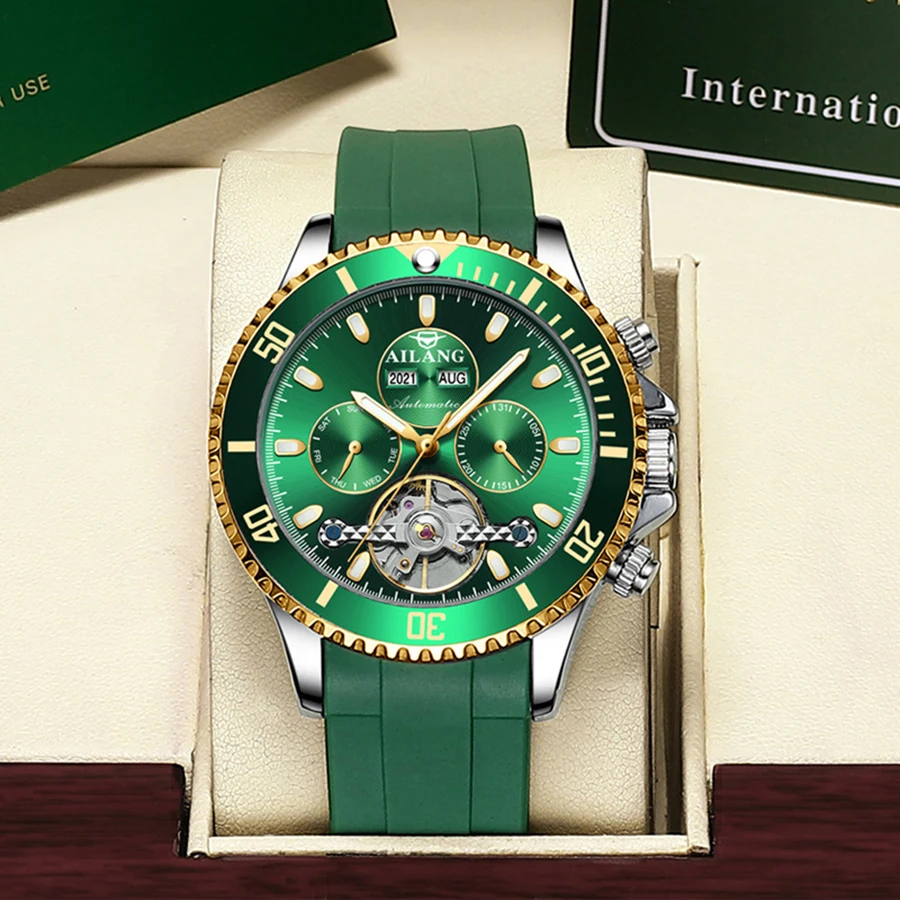 AILANG Authentische automatische mechanische Herrenuhr, wasserdicht, hohl, leuchtend, mit Kalender, modische Business-Armbanduhr