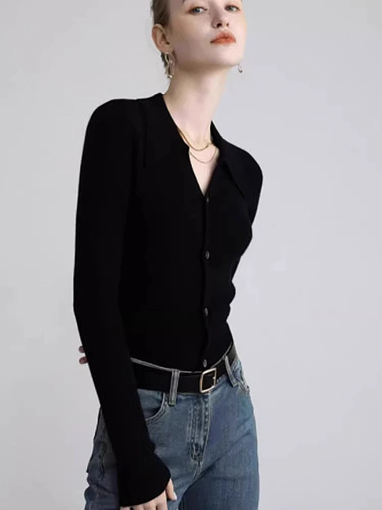 

Ele Pure Color Knitted Sweater Simple Single Button Base irt Inner Wear Top Slimming Sli Winter Faion for Women