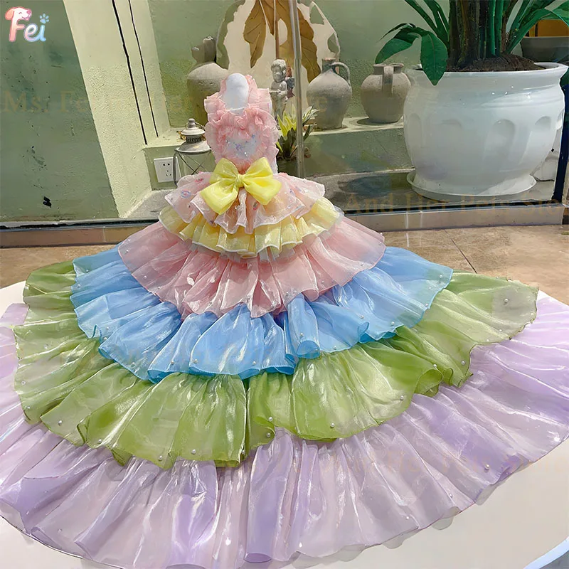 

Luxury Princess Dog Dress Handmade Roseflower Lace Long Tail Photography Puppy Clothes for Small Medium Breeds High-End Fashion