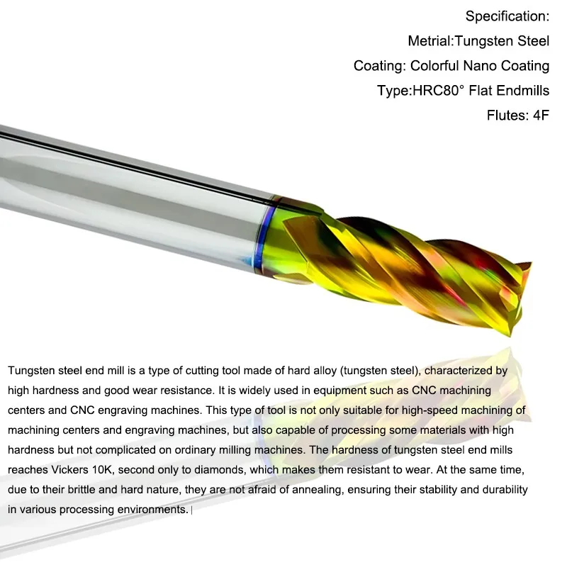 AZZKOR HRC80 High Hardness Milling Cutter 4-Flute Tungsten Steel Carbide Colorful Coating Flat End Mills CNC Machining Tools
