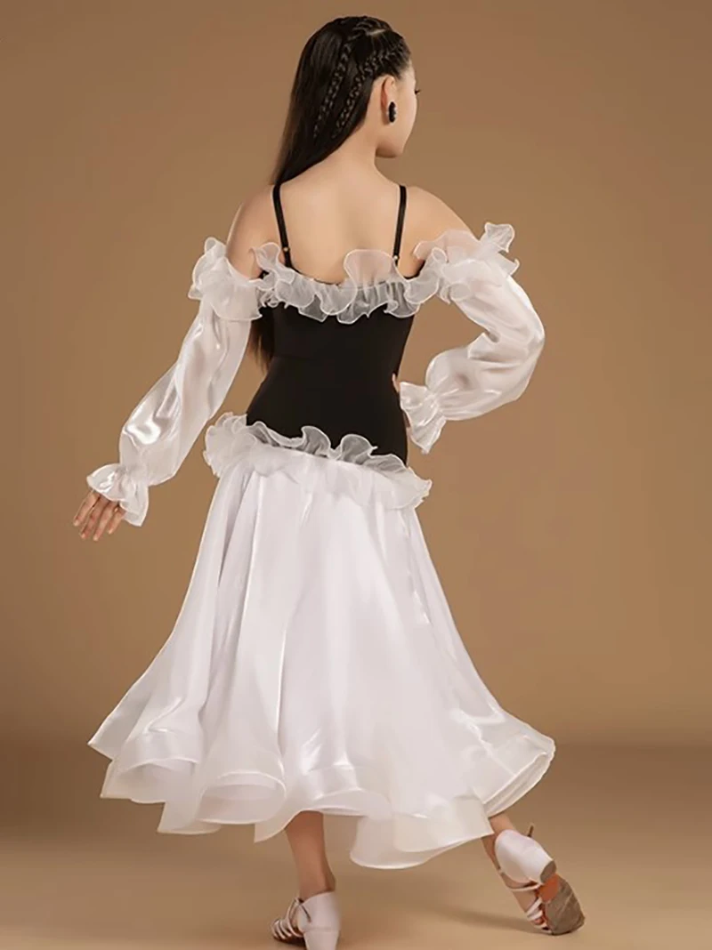 Girls Stringy Mesh Modern Dance Waltz Art Exam Dress Ballroom Competition Training Dress National Standard Dancewear Costume