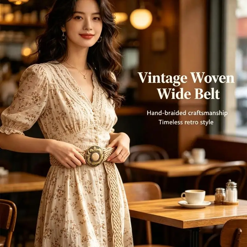 31BB Weaving Waist Belt Women's Embossed Clasp Waistband Retro Casual Modern Waist Rope Decoration for Jeans and Dress