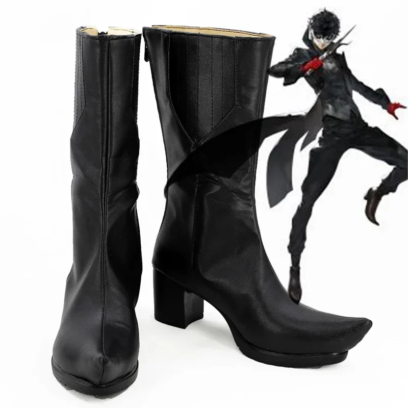 Bottes en cuir noir personnalisées pour hommes et femmes, chaussures de cosplay, accessoires de jeu pour Halloween, Persona 5, Kurusu Akira Joker, Amamiya Ren