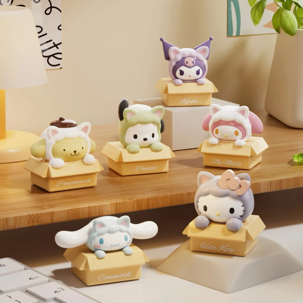 サンリオファミリー猫シリーズかわいらしさブラインドバッグボックス人形の周りに小さな手キーホルダーアニメグッズ卓上ギフト