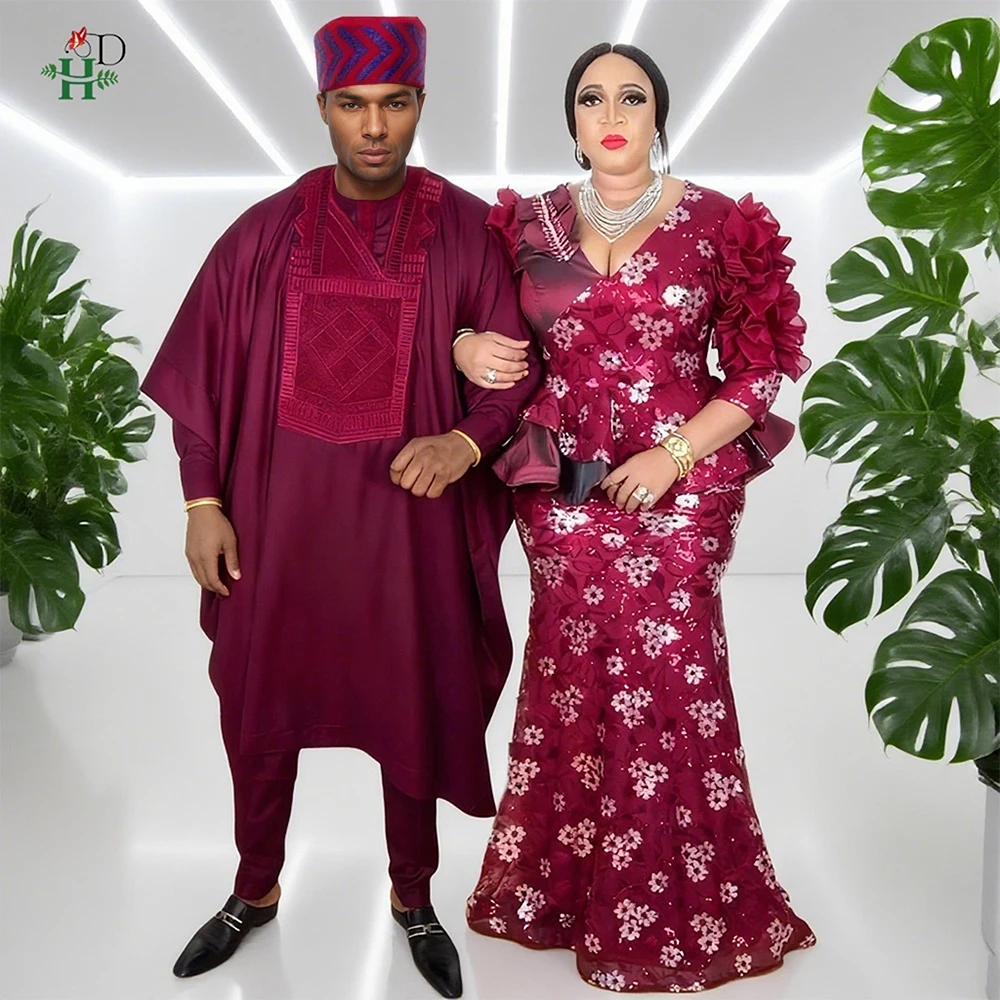 

African Dresses For Couple Burgundy Traditional Men 3PCS Embroidered Outfit Set Sequin Floral Mermaid Robe Wedding Party Dress