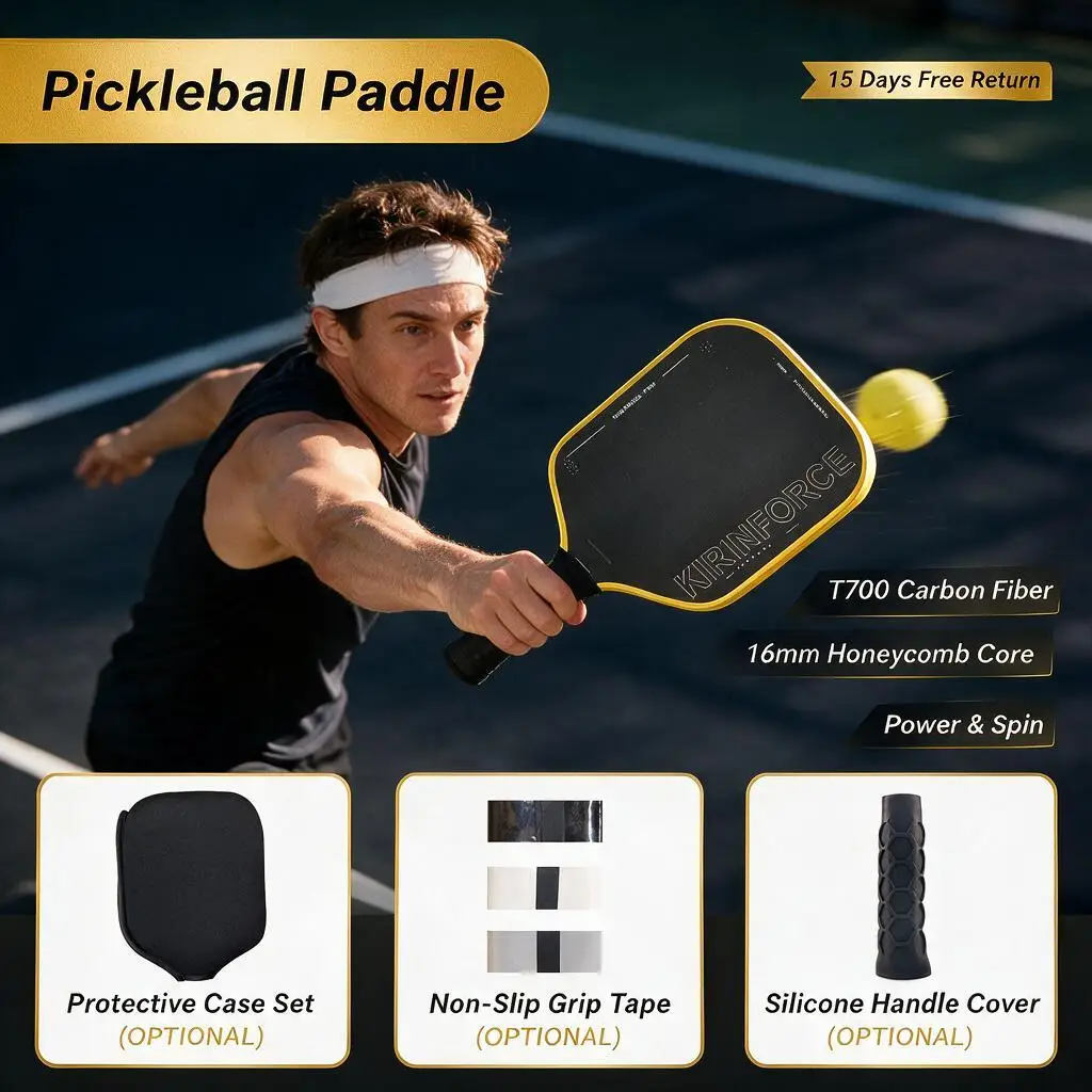 KIRINFORCE Thermoformed Pickleball Paddle T700 Carbon Fiber 16mm Yellow Edge Gritted Surface Precision Performance Sweet Spot