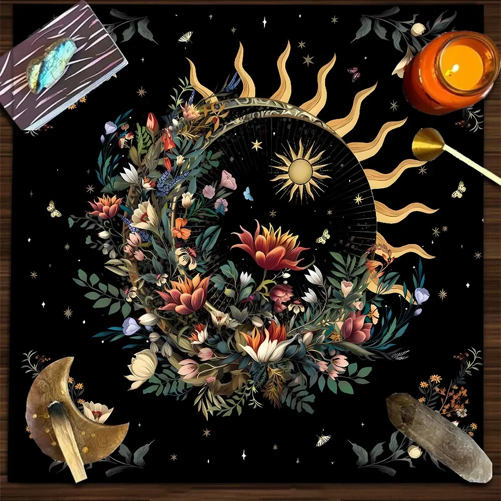 VIKAMA Sun Moon Floral Butterfly Mystic Tarot Tablecloth Mystical Occult Altar Cloth Divination Mat Washable Mystic Gift