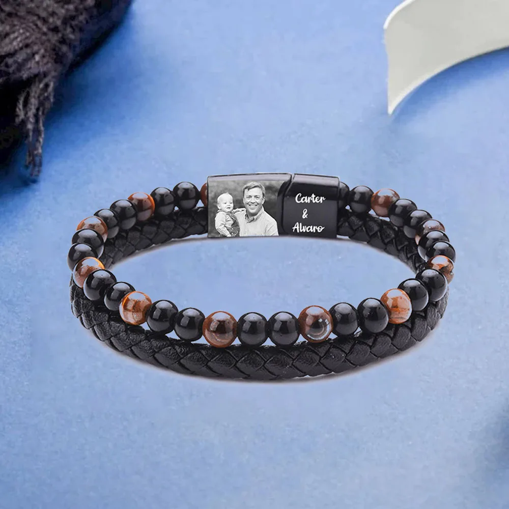 Personalize Men Photo Bracelets with Beads 2 Names Charm Bangle Black Stackable Jewelry Gift for Father Dad Grandpa Son