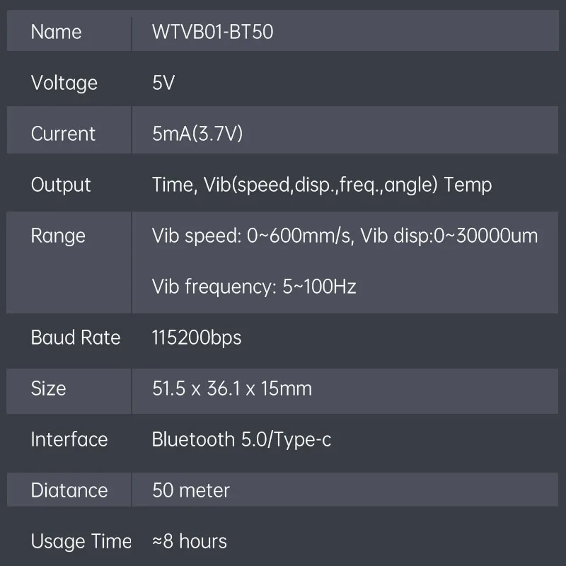 WitMotion WTVB01-BT50 Bluetooth 50m Multi-connected Vibration Sensor, 3-axis Vibration Displacement + Speed + Amplitude+Angle