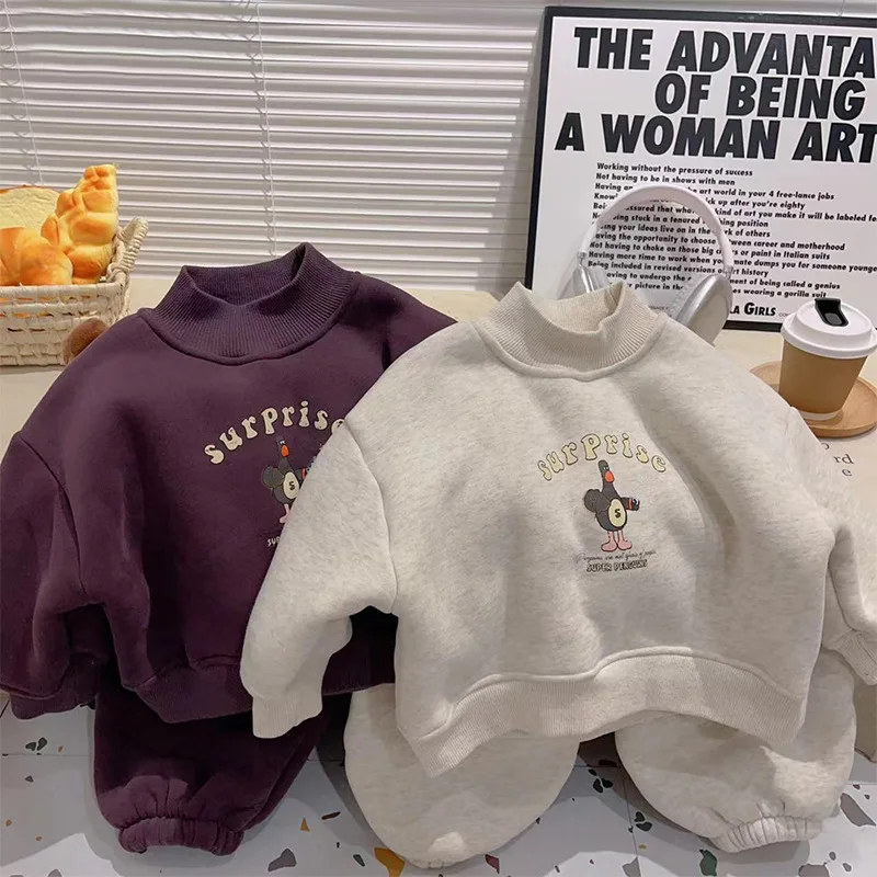 Autumn Winter Girls Clothing Set Cartoon Letter Print Lining Plush Thick Warm Sweatshirt+Pants 2Pcs For 1-10Y Kids Casual Suit