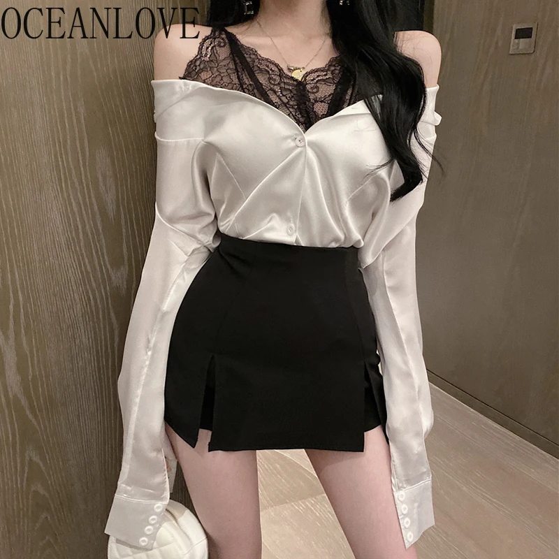 OCEANLOVE Lace Patchwork Women Shirts&blouses Spring Autumn Vintage Korean Fashion Blusas Mujer Sexy Fake 2 Pieces Camisas