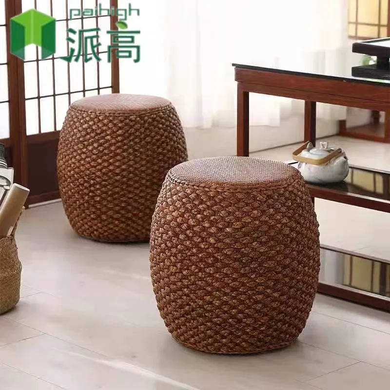 

Retro Solid Wood Stool Chair Rattan Mat Weaving Shoes-Changing Drum Stool for Tatami Living Room Balcony Lounge