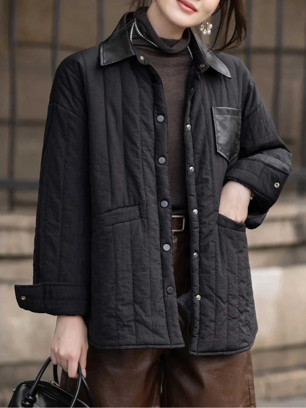 

Женский длинный све, хлопковый воротник-стойка, вертикальный лоскутный воротник, осень-зима, новый свободный крой с двойной пуговицей для поездок на работу