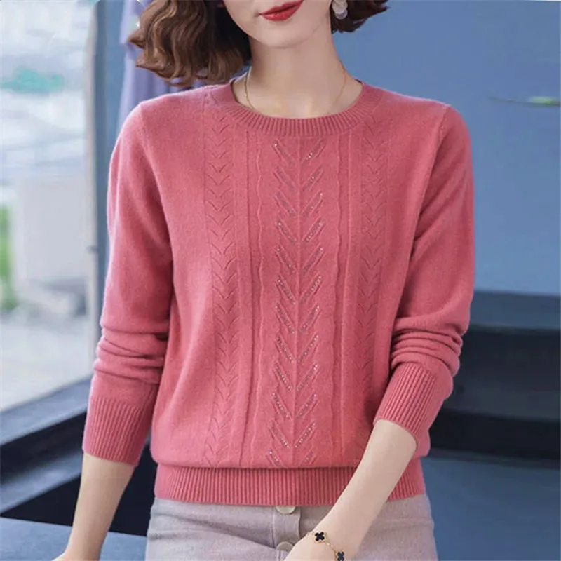 Middle-aged Mother Sweater Knitwear Tops Women Sweaters New Spring Autumn Long Sleeve O-neck Diamond Knitted Pullovers Femme 3XL