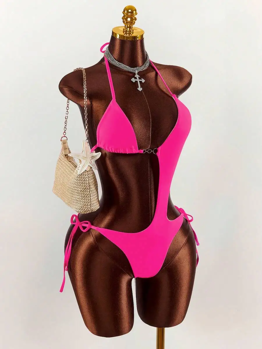 

Sexy Solid Color Backless Tie-Waist Monokini One Piece Swimsuit For Women