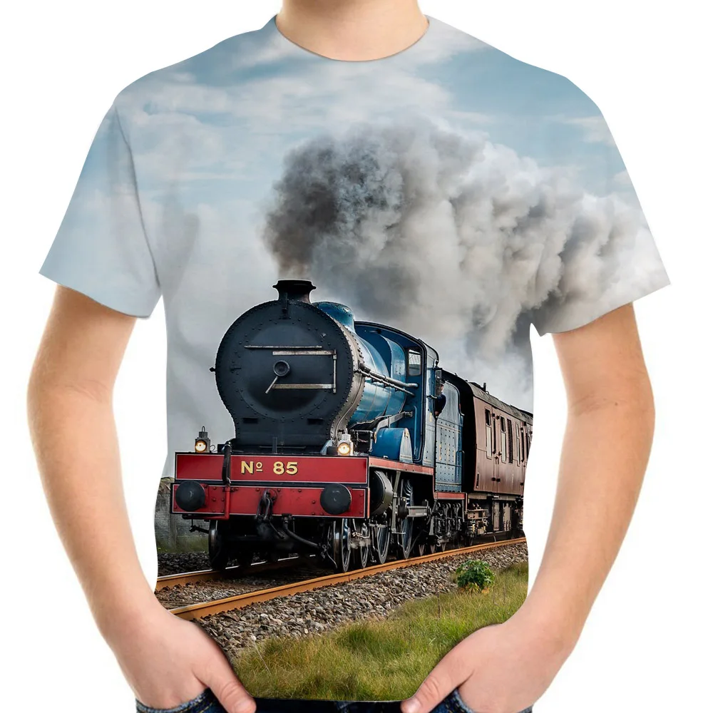 Steam Train Railroad Landscape 3D Printing T-Shirts For Girls Boy Summer 4-20Y Children Teen Birthday Cool Clothes Kids T Shirt