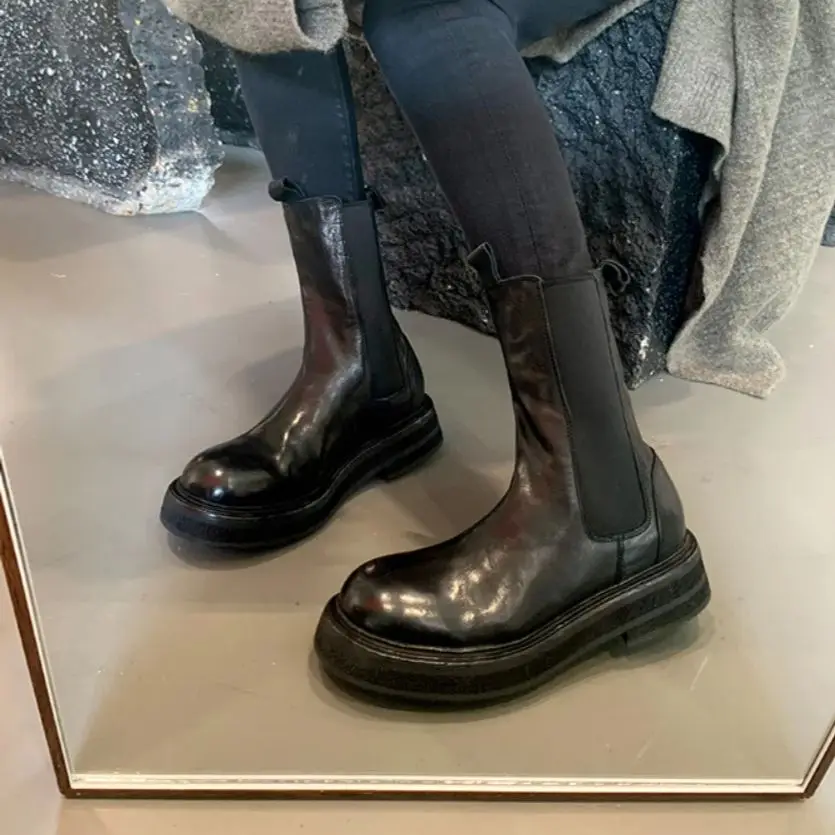 

2026 Spring Women Pu Leather Mid-calf Boots Flat Heel Shoes Bootie Modern Motorcycle Western Ankle Boots Work Shoes