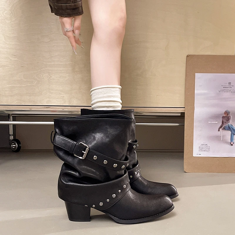 Rivet Buckle Women Mid Calf Boots Round Toe Pants Tube Leather Boots Autumn Winter Vintage Ladies Slip On Western Cowboy Boots