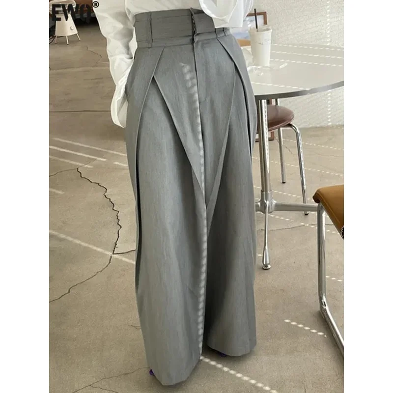 

Loose Patchwork Pleated Trousers For Women High Waist Bandage Pockets Solid Casual Wide Leg Pants Female