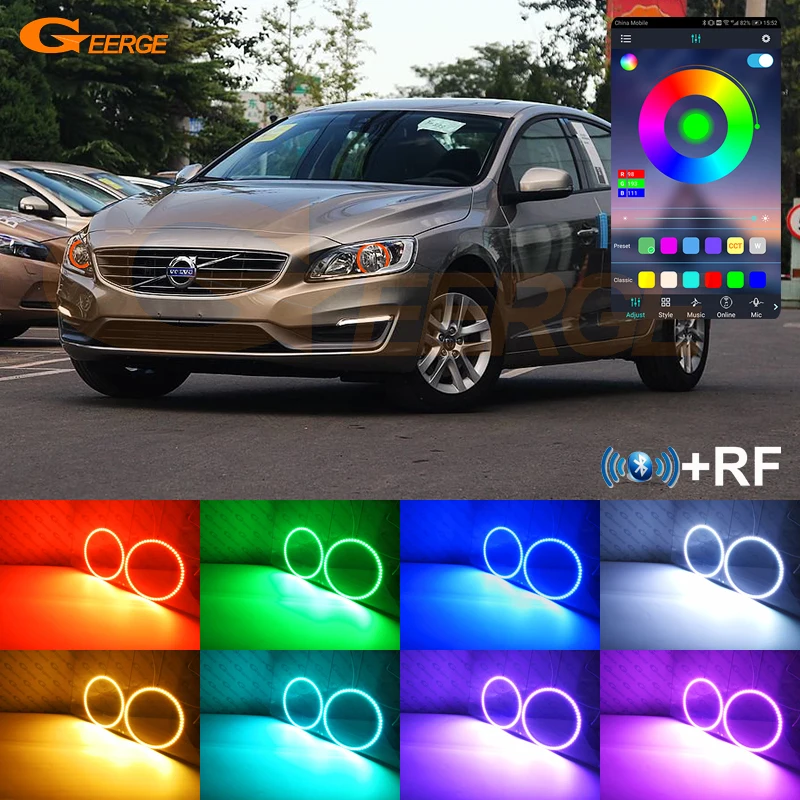 For Volvo S60 V60 2014 2015 2016 2017 2018 RF Remote Bluetooth APP Multi-Color Ultra Bright RGB LED Angel Eyes Kit Halo Rings