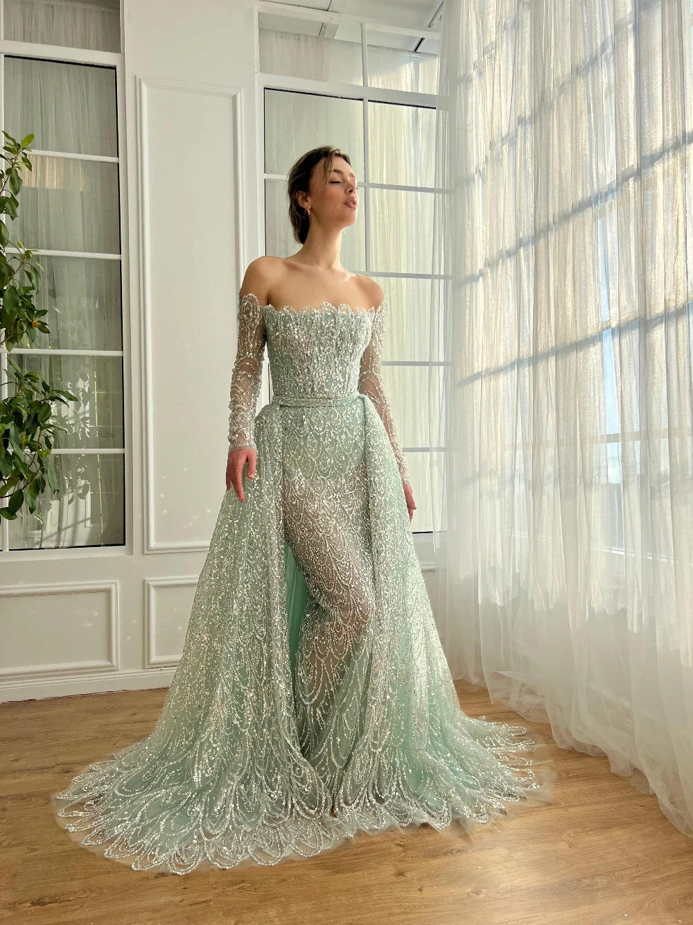 Robe de soirée scintillante vert menthe, 2 en 1, personnalisée, épaules dénudées, robe de bal gracieuse et complexe, ligne A, vêtements de fête pour Banquet