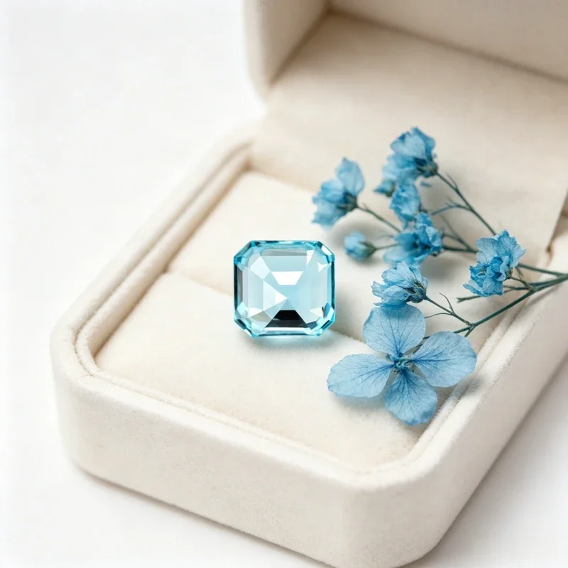 Laborgezüchteter Saphir in Asscher-Schliff mit Aquamarin-Farbe und Zertifikat – Detail 2