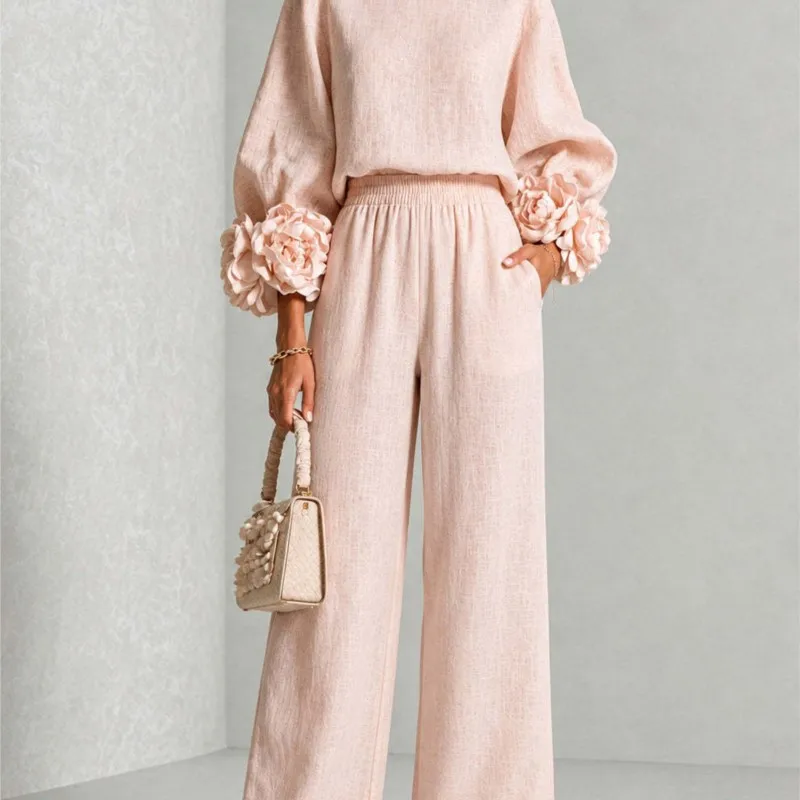 Damen 2-teiliges Set mit O-Ausschnitt, Puffärmeln, 3D-Blumenmuster an den Manschetten, weiter Hose, elegantes Outfit für Büro, Urlaub und Freizeit.
