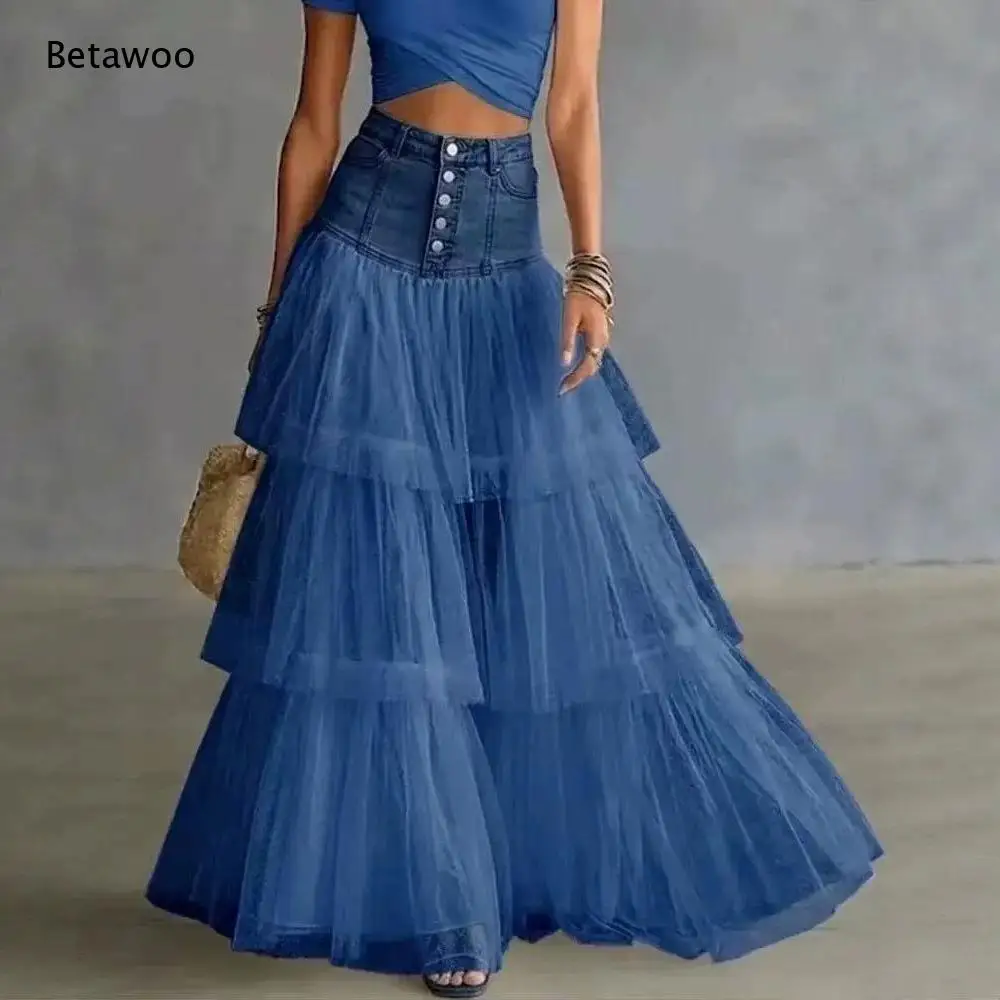 Ladies Denim Waist Tiered Tulle Long Skirt High Rise Multi Buttons Design Layered Ruffle Tulle Skirt for Daily Holiday Outfit