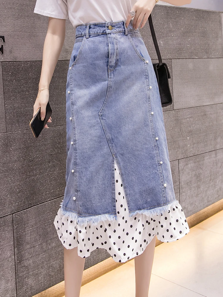 Fashion Trumpet Women High Waist Polka Dot Pearl Beaded Denim Skirts Pocket Irregular Korean Elegant Jeans Skirts 2022 New Saias