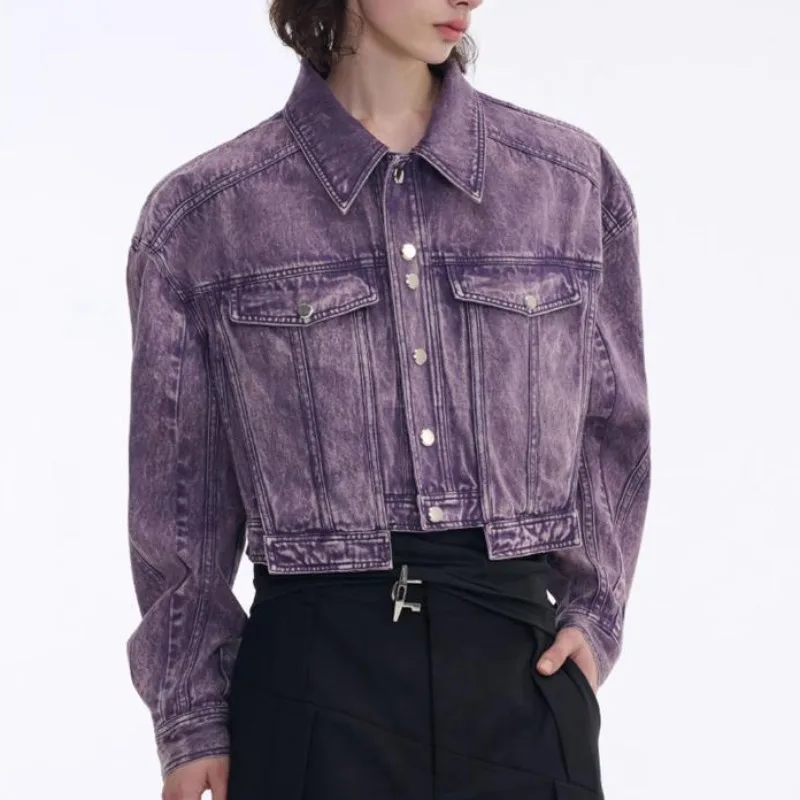 Spring Niche Washed Short Denim Jacket American Style Heavy Wide Shoulder Jean Coats Men Autumn College Trendy Purple WJ109