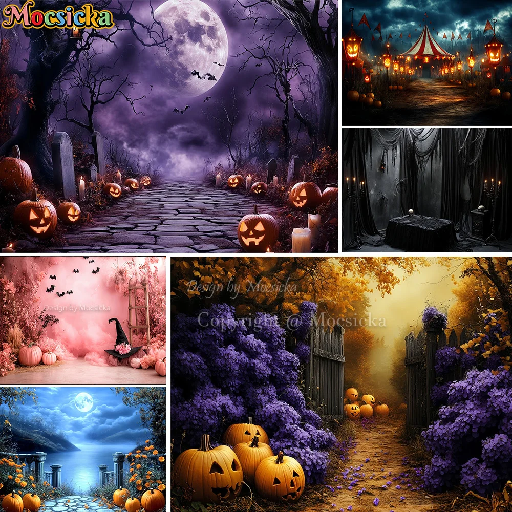 Mocsicka هالوين الاطفال حفلة عيد ميلاد خلفية التصوير الفوتوغرافي اليقطين فانوس الخفافيش خلفية ديكور استحمام الطفل فوتوبوث الاستوديو