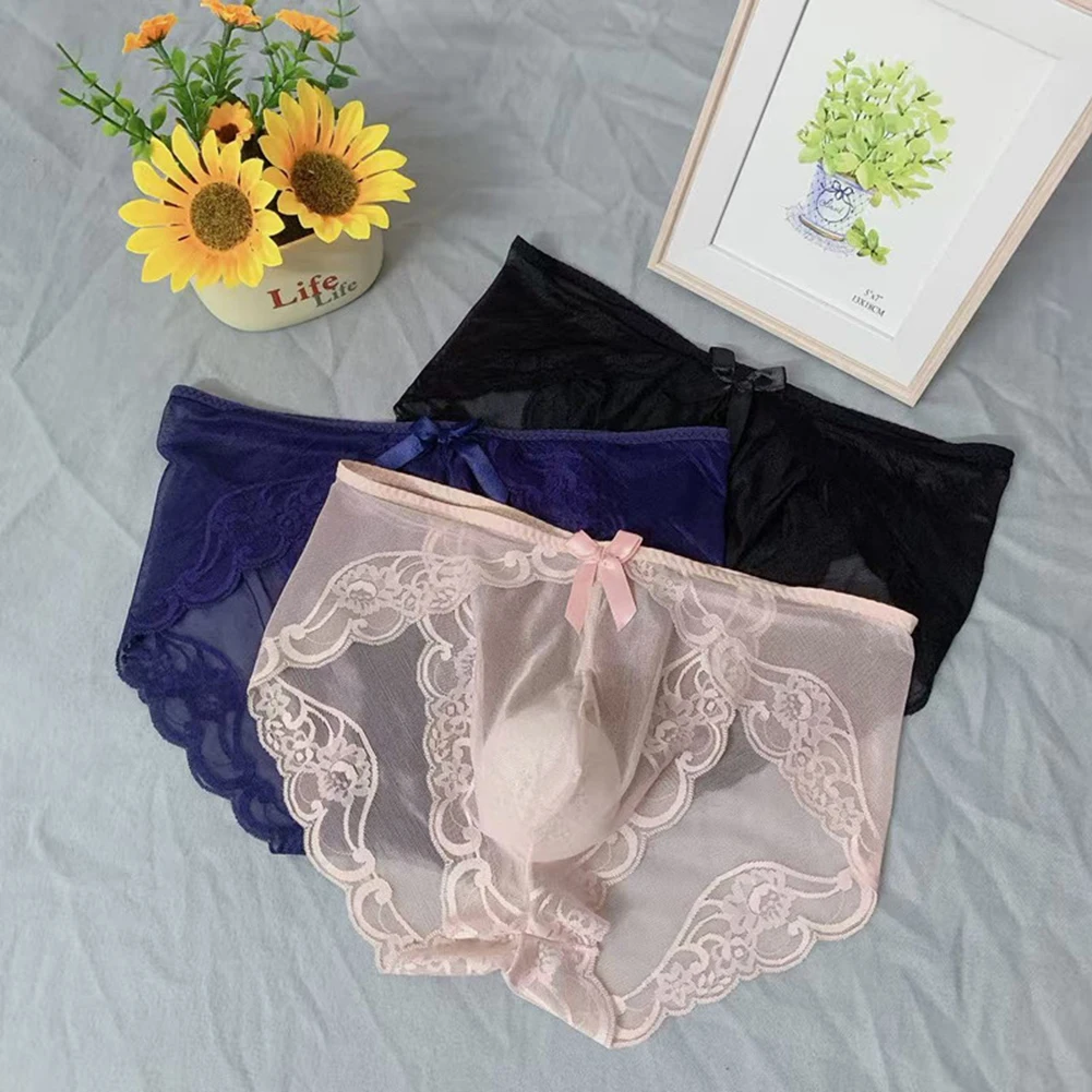Men Sissy Lace Seamless Brief Underwear Sheer Cuecas Bulge Pouch Erotic Lingerie Mesh Lace Quick Drying Briefs