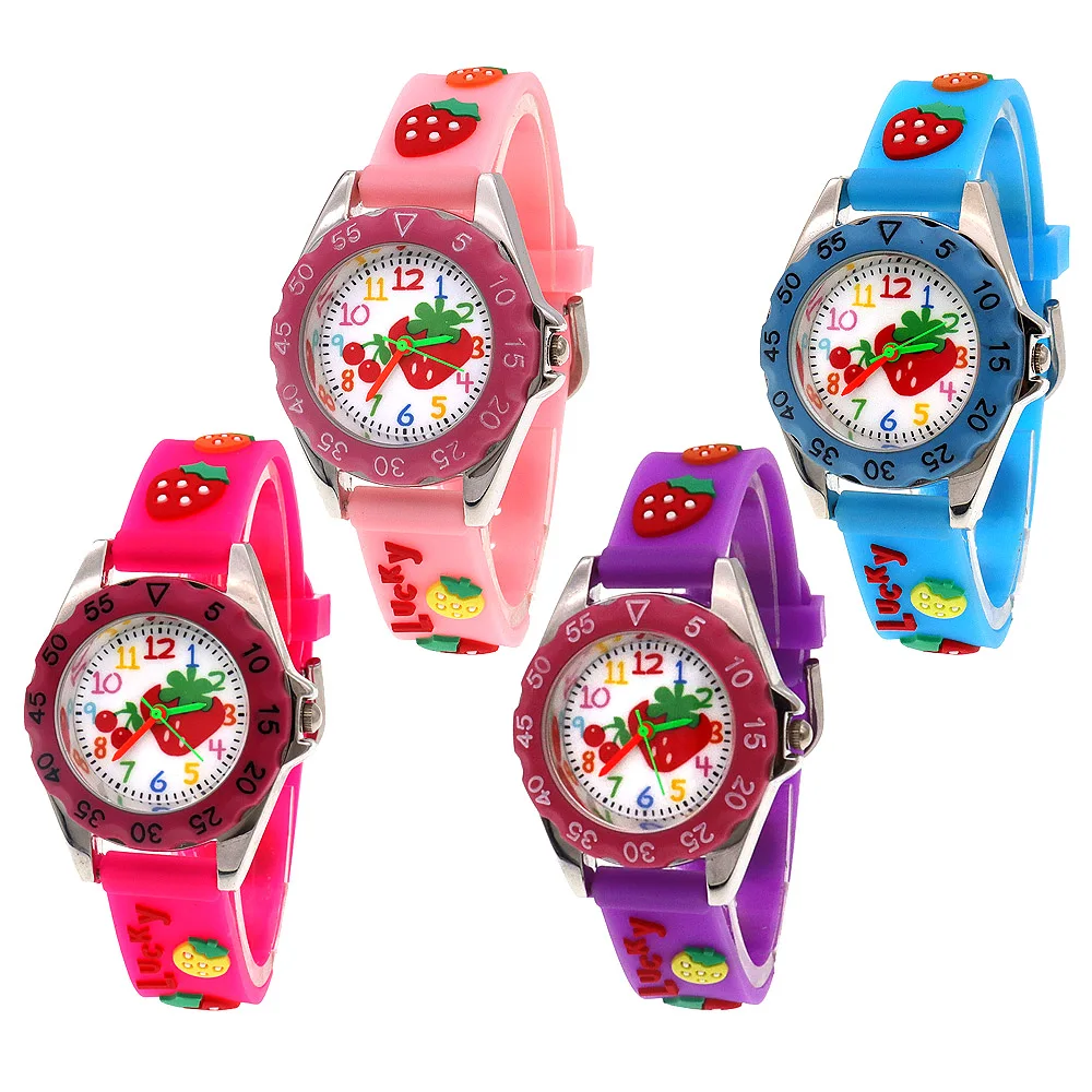 딸기 시계 어린 소녀 시계 핑크 시계 보라색 학생 시계, 실리콘 스트랩 시계, 소년 소녀 선물, 어린이 시계