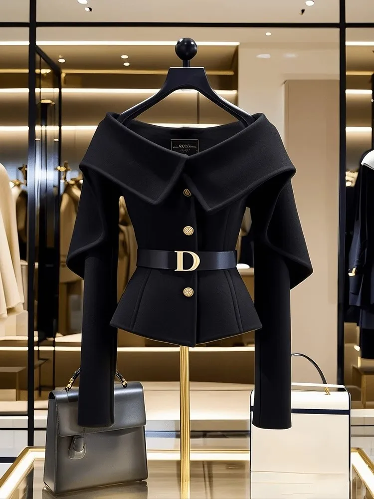 

New High End Elegant Winter Jacket Women Fashion Design Large Lapel Long Sleeve Letter Belt Fashion Black Coat Tops Outwears