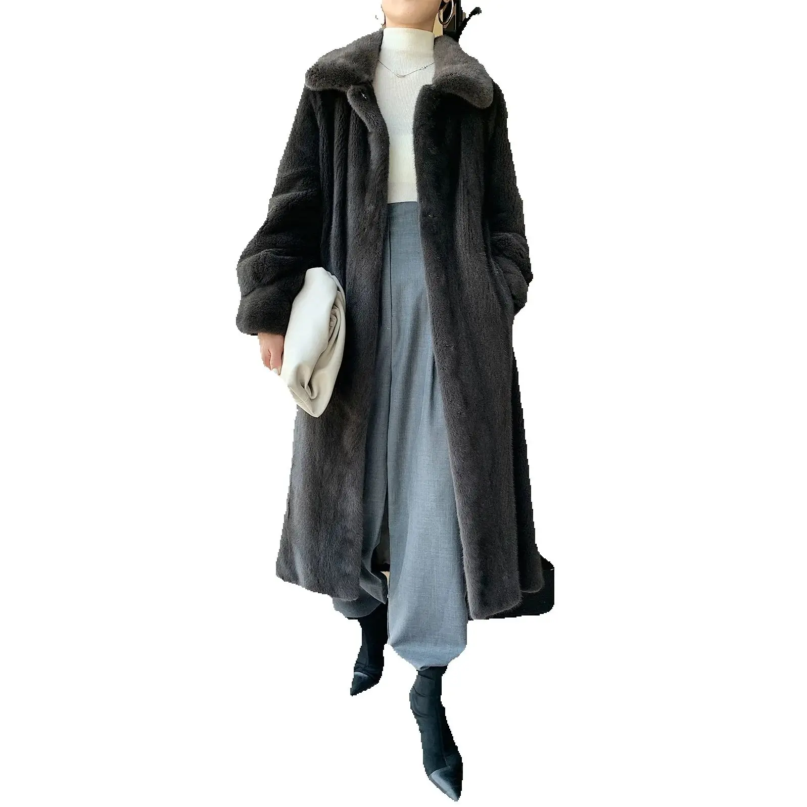 2025 Autunno / Inverno nuovo cappotto di visone di velluto importato, visone intero da donna, cappotto lungo al ginocchio in pelliccia di visone