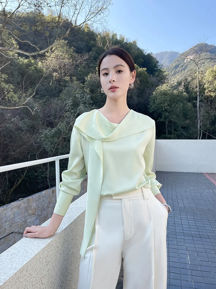 

Ele Simple Faion Acetate Sa Women's irt High-End Feelings 2025 New Sle Polyester Viscose Blend Long Sve Top