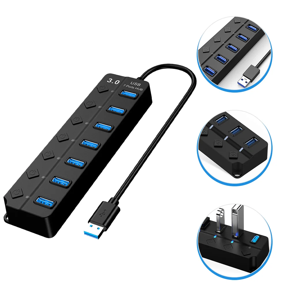 

USB Hub Seven Port Expander Multiple Adapter Extra Ports for Laptops Extender Black